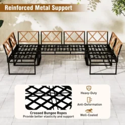 Tangkula Set Of 6 Outdoor Sectional Sofa Set Metal Conversation Set W/Cushions & Bungee Rope Seat Patio Acacia Wood Chair & Coffee Table Set