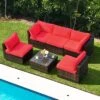 Tangkula 6PCS Wicker Patio Sectional Conversation Furniture Set With Coffee Table & Seat Cushions Red