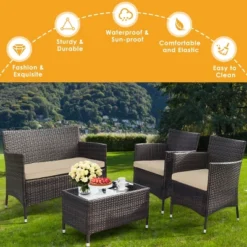 Tangkula 4PCS Patio Rattan Conversation Furniture Set Outdoor W/ Brown & Gray Cushion -Tangkula GUEST ceca9c2d d289 4e80 a713 399fa249ec80
