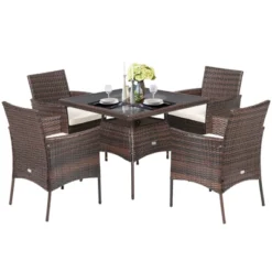 Tangkula 5 PCS Outdoor Rattan Dining Set Patio Wicker Conversation Set W/Cushioned Chair & Glass Table -Tangkula GUEST ced1b931 70da 4f47 b67c ddb41c768e47