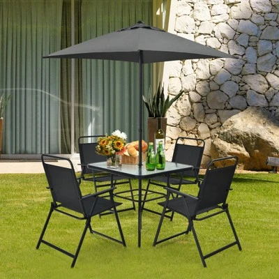 Tangkula 6-Piece Patio Dinning Sets Garden Table Set Outdoor Folding Chairs & Glass Table Set W/ Umbrella Grey 1 Tangkula 6-Piece Patio Dinning Sets Garden Table Set Outdoor Folding Chairs & Glass Table Set W/ Umbrella Grey