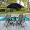 Tangkula 6PCS Patio Garden Dining Set W/ Round Table & 4 Folding Chairs & Umbrella