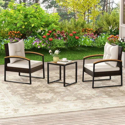Tangkula 3PCS Patio Wicker Furniture Set PE Wicker Furniture Conversation Set W/ Acacia Wood Table 9 Tangkula 3PCS Patio Wicker Furniture Set PE Wicker Furniture Conversation Set W/ Acacia Wood Table - Image 9