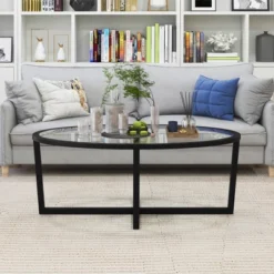 Tangkula Modern Glass Coffee Table W/ Cross Base & Acacia Wood Legs For Small Spaces -Tangkula GUEST d08f0ce6 4467 45da b45e c9041ae08d19