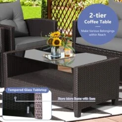 Tangkula Set Of 4 Outdoor Rattan Furniture Set PE Rattan Wicker Sectional Sofa W/ Loveseat Chair & Glass Table Patio Cushioned Conversation Sets Gray