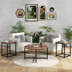 Tangkula Round Nesting Table Set Of 3 Modern / Farmhouse Coffee Table W/2 End Tables