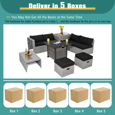 Tangkula 9 Pieces Outdoor Patio Furniture Set W/ 32" Propane Fire Pit Table Sectional Sofa Set W/ Storage Box Black/Gray/Navy/Red/Turquoise/Off White 7 Tangkula 9 Pieces Outdoor Patio Furniture Set W/ 32" Propane Fire Pit Table Sectional Sofa Set W/ Storage Box Black/Gray/Navy/Red/Turquoise/Off White - Image 7