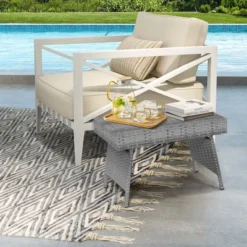 Tangkula Folding Rattan Wicker Coffee Side Table Patio Garden Poolside Yard Outdoor Mix Gray