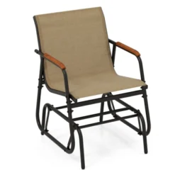Tangkula Patio Glider Chair W/ Curved Teak Armrests & Breathable Fabric Seat Outdoor -Tangkula GUEST d369b64a bd3d 4170 8f25 2fa01fd18511