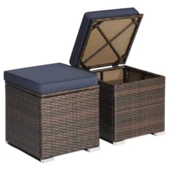 Tangkula 2 Pieces Patio Ottoman Outdoor Wicker Footstool Storage Box Side Table W/ Solid Metal Frame Additional Seating W/ Removable Cushions Beige/Off White/Red/Turquoise/Gray/Navy -Tangkula GUEST d38f4164 96b6 4ac6 be46 575ededfcafb