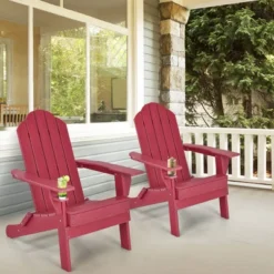 Tangkula 4PCS Patio Folding Adirondack Chair Weather Resistant Cup Holder Yard Red