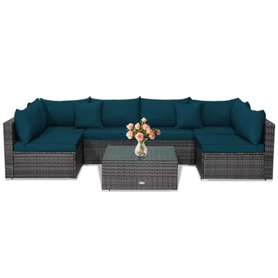 Tangkula Set Of 7 Patio Wicker Furniture Set Outdoor Rattan Sectional Sofa With Seat & Back Cushions 2 Throw Pillows Blue 5 Tangkula Set Of 7 Patio Wicker Furniture Set Outdoor Rattan Sectional Sofa With Seat & Back Cushions 2 Throw Pillows Blue - Image 5