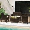 Tangkula 4 Piece Patio Rattan Conversation Set Outdoor Wicker Furniture Set W/ Chair Loveseat & Tempered Glass Table Beige/Black/Gray/Navy/Turquoise
