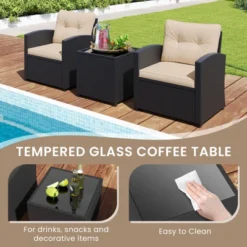 Tangkula 3 Piece Patio Furniture Set Rattan Conversation Set W/Soft Seat & Back Cushions Tempered Glass Topped Coffee Table Beige -Tangkula GUEST d466cd8a 8f25 4d88 8f63 99de74ff4f6a