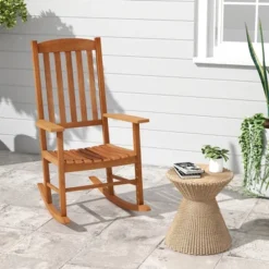 Tangkula Patio Rocking Chair W/ 400 Lbs Weight Capacity Eucalyptus Wood Porch Rocker W/ High Back