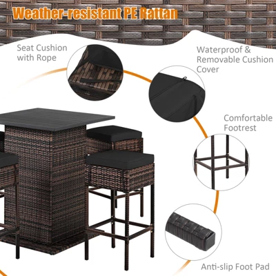 Tangkula 5PCS Patio Rattan Bar Table Stool Set Hidden Storage Shelf Cushion Red Patio Black 7 Tangkula 5PCS Patio Rattan Bar Table Stool Set Hidden Storage Shelf Cushion Red Patio Black - Image 7