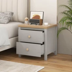 Tangkula Nightstand Farmhouse Side End Table W/ Solid Wood Legs & 2 Drawers For Bedroom