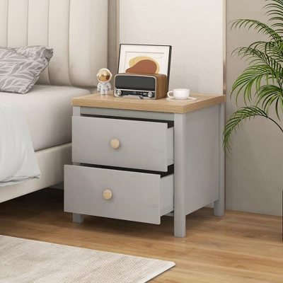 Tangkula Nightstand Farmhouse Side End Table W/ Solid Wood Legs & 2 Drawers For Bedroom 1 Tangkula Nightstand Farmhouse Side End Table W/ Solid Wood Legs & 2 Drawers For Bedroom