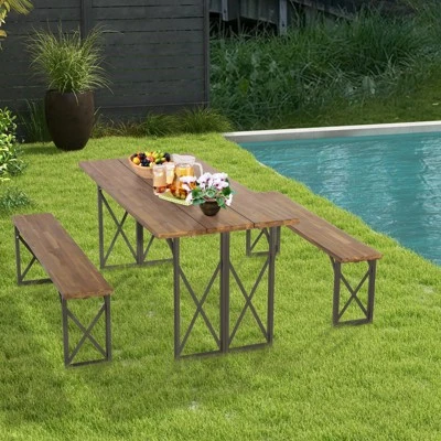 Tangkula 3 Piece Patio Picnic Table Bench Set, Outdoor Camping Table Set W/ Acacia Wood Tabletop & Seat 2” Umbrella Hole 2 Tangkula 3 Piece Patio Picnic Table Bench Set, Outdoor Camping Table Set W/ Acacia Wood Tabletop & Seat 2” Umbrella Hole - Image 2