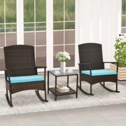 Tangkula 3 Pieces Rocking Wicker Bistro Set Outdoor Front Porch Rocker Chairs Conversation Set