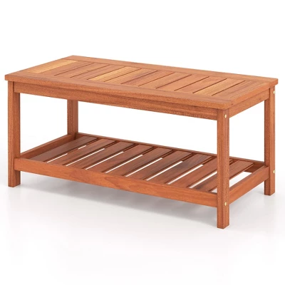 Tangkula Hardwood Outdoor Patio Coffee Table 2-Tier Coffee Table W/ Slat Tabletop & Storage Shelf Natural 1 Tangkula Hardwood Outdoor Patio Coffee Table 2-Tier Coffee Table W/ Slat Tabletop & Storage Shelf Natural