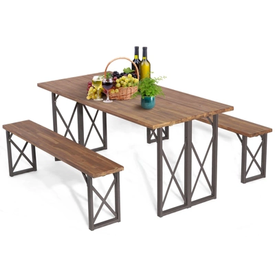 Tangkula 3 Piece Patio Picnic Table Bench Set, Outdoor Camping Table Set W/ Acacia Wood Tabletop & Seat 2” Umbrella Hole 10 Tangkula 3 Piece Patio Picnic Table Bench Set, Outdoor Camping Table Set W/ Acacia Wood Tabletop & Seat 2” Umbrella Hole - Image 10