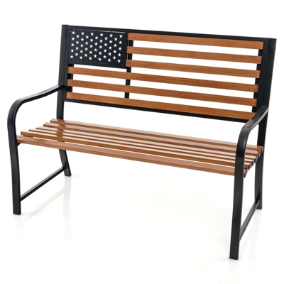 Tangkula 50” Outdoor Garden Bench 2-Person Metal Patio Chair With Flag Pattern Backrest & Rustic Wood Grain Finish 10 Tangkula 50” Outdoor Garden Bench 2-Person Metal Patio Chair With Flag Pattern Backrest & Rustic Wood Grain Finish - Image 10