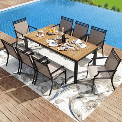Tangkula 9-Piece Outdoor Patio Furniture W/ Large Wooden Tabletop & Umbrella Hole 1 Tangkula 9-Piece Outdoor Patio Furniture W/ Large Wooden Tabletop & Umbrella Hole