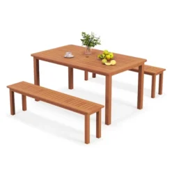 Tangkula Set Of 3 Patio Dining Set Solid Wood Dining Table W/2 Benches 2" Umbrella Hole -Tangkula GUEST d80d2dec fd86 4418 9eed b49261e81ec2
