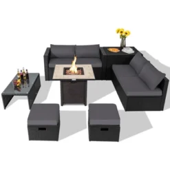 Tangkula 9 Pieces Outdoor PE Rattan Wicker Sectional Sofa With 42" Gas Fire Pit Table Space-Saving Patio Conversation Set With Storage Box Black/Grey/Navy/Red/Turquoise/Off White -Tangkula GUEST d86c6f1f 544b 4ff1 92bc 1b441185d73b