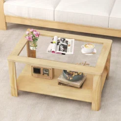Tangkula 2-Tier Coffee Table W/ Tempered Glass Tabletop & Storage Shelf Rounded Corners