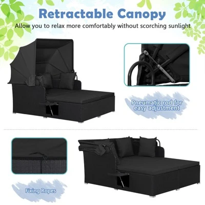 Tangkula Patio Rattan Daybed With Retractable Canopy Wicker Sun Lounger With 2 Foldable Side Panels Thick Seat & Back Cushions 7 Tangkula Patio Rattan Daybed With Retractable Canopy Wicker Sun Lounger With 2 Foldable Side Panels Thick Seat & Back Cushions - Image 7