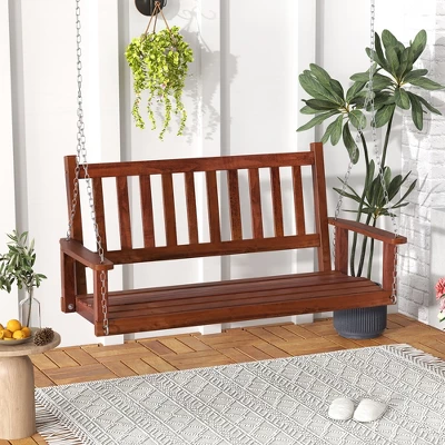 Tangkula Wooden Porch Swing 2-Person Hanging Swing Chair W/ Adjustable Galvanized Metal Chains 1 Tangkula Wooden Porch Swing 2-Person Hanging Swing Chair W/ Adjustable Galvanized Metal Chains