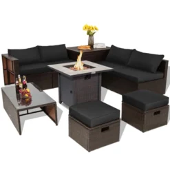 Tangkula 9 PCS Outdoor Patio Furniture Set W/ 30" Propane Fire Pit Table PE Wicker Space-Saving Sectional Sofa W/ Storage Box And Cushions Black/Gray/Navy/Red/Turquoise/Off White -Tangkula GUEST d949e5dd 1dea 468d 988f f053c4513f1b