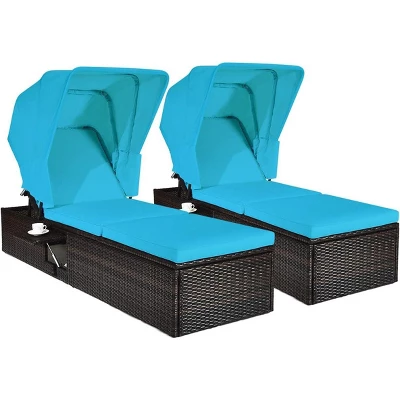 Tangkula 2PCS Rattan Patio Chaise Lounge Chair W/ Adjustable Canopy Turquoise Cushion 10 Tangkula 2PCS Rattan Patio Chaise Lounge Chair W/ Adjustable Canopy Turquoise Cushion - Image 10
