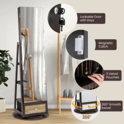 Tangkula 360° Swivel Jewelry Cabinet W/ Mirror Jewelry Storage Organizer Built-in Lights Dark Brown 13 Tangkula 360° Swivel Jewelry Cabinet W/ Mirror Jewelry Storage Organizer Built-in Lights Dark Brown -Tangkula GUEST d9569cbd 6c63 4511 b886 96fee9173a54