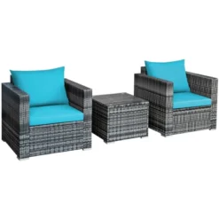 Tangkula 3PCS Patio Rattan Furniture Set Outdoor Bistro Set W/Washable Cushion For Garden Poolside Backyard Turquoise -Tangkula GUEST d9d4733e 7714 4b19 8127 972bf34b468e