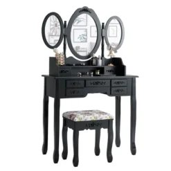 Tangkula Tri-Folding Mirror Vanity Makeup Set Dressing Table & Stool Unit W/ 7 Drawer -Tangkula GUEST da34f162 ab63 4dea 9258 3967d38f0f26
