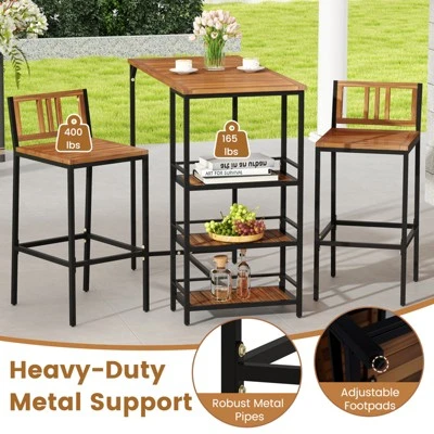 Tangkula 3 Pieces Outdoor Wood Bar Set W/ 3-Tier Storage Shelf & Metal Frame For Backyard 5 Tangkula 3 Pieces Outdoor Wood Bar Set W/ 3-Tier Storage Shelf & Metal Frame For Backyard - Image 5