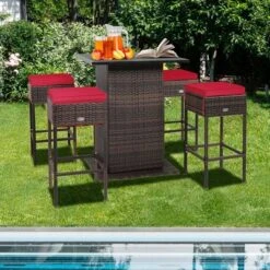 Tangkula Tangkula 5PCS Patio Bar Set Rattan Bar Furniture Set W/ Table & 4 Cushioned Stools Red 12 Tangkula Tangkula 5PCS Patio Bar Set Rattan Bar Furniture Set W/ Table & 4 Cushioned Stools Red -Tangkula GUEST da9e3197 e797 4e5f b573 1c8b5f23c697