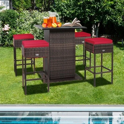Tangkula Tangkula 5PCS Patio Bar Set Rattan Bar Furniture Set W/ Table & 4 Cushioned Stools Red 3 Tangkula Tangkula 5PCS Patio Bar Set Rattan Bar Furniture Set W/ Table & 4 Cushioned Stools Red - Image 3