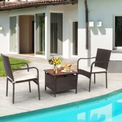 Tangkula 3 PCS Patio Furniture Set PE Wicker Bistro Set W/Acacia Wood Coffee Table & Umbrella Hole For Backyard Garden Poolside