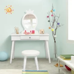 Tangkula Kids Princess Vanity Table Set W/ Chair Crown Mirror White -Tangkula GUEST dbd20fcc c952 45c3 9907 a6b3df5f6428