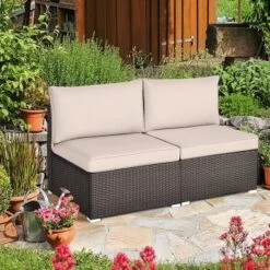 Tangkula 2PCS Patio Sectional Armless Sofas Outdoor Rattan Furniture Set W/ Cushions