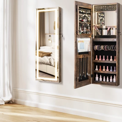 Tangkula LED Mirror Jewelry Cabinet Wall/Door Mounted Organizer Armoire W/ 3 Color Light 1 Tangkula LED Mirror Jewelry Cabinet Wall/Door Mounted Organizer Armoire W/ 3 Color Light