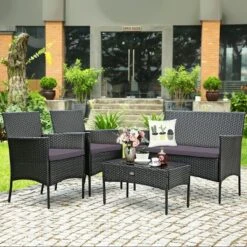 Tangkula 4PCS Rattan Furniture Set Cushioned Sofa Coffee Table Backyard Porch Patio Grey