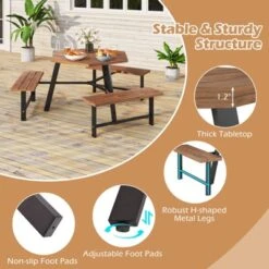 Tangkula 6 Person Acacia Wood Picnic Table Bench Set W/3 Seats Umbrella Hole Metal Frame -Tangkula GUEST dd93f2a4 0015 4850 995c fd5ea7692a2f