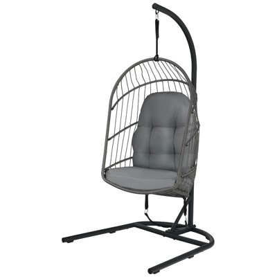 Tangkula Modern Rattan Hanging Egg Swing Chair W/Stand Foldable Cushioned Hammock Gray/Beige 8 Tangkula Modern Rattan Hanging Egg Swing Chair W/Stand Foldable Cushioned Hammock Gray/Beige - Image 8
