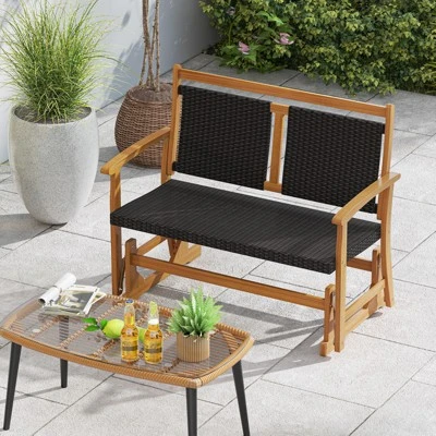Tangkula Patio Rattan Glider Bench Swing Gliding Rocker For 2 W/ Acacia Wood Frame 2 Tangkula Patio Rattan Glider Bench Swing Gliding Rocker For 2 W/ Acacia Wood Frame - Image 2