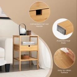 Tangkula Bamboo Nightstands Set Of 2 W/ Pull-out Drawer And Storage Shelf Wood Natural -Tangkula GUEST df431f76 e30e 4ffe 8c59 0a10f0139b6c